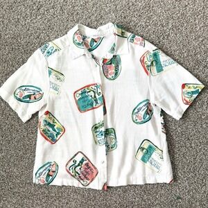 Tinned Fish Button Down Shirt Womens Small Linen Blend Sardines Coastal Beach